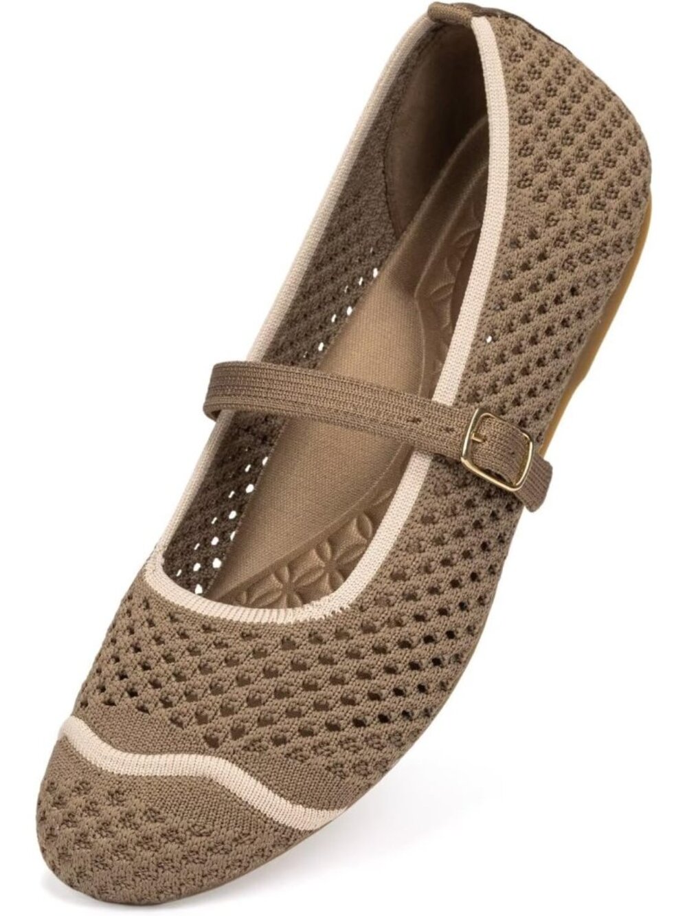 🆕Women's Brown Mesh Mary Jane Flats Breathable Knitted Round Toe Work Shoes